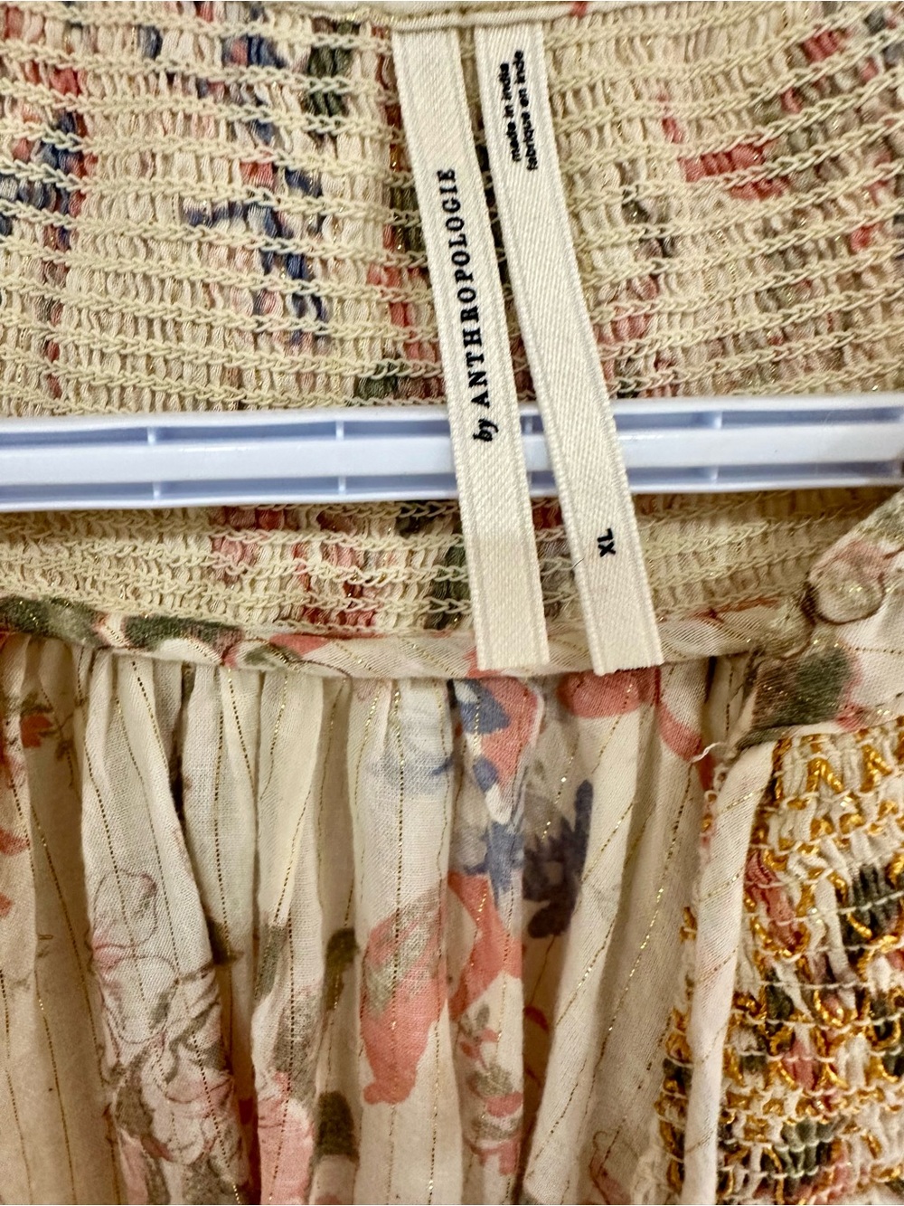 Anthropologie Cream Floral Smocked Yoke Button-Front Blouse with Tassels - Picture 2 of 3